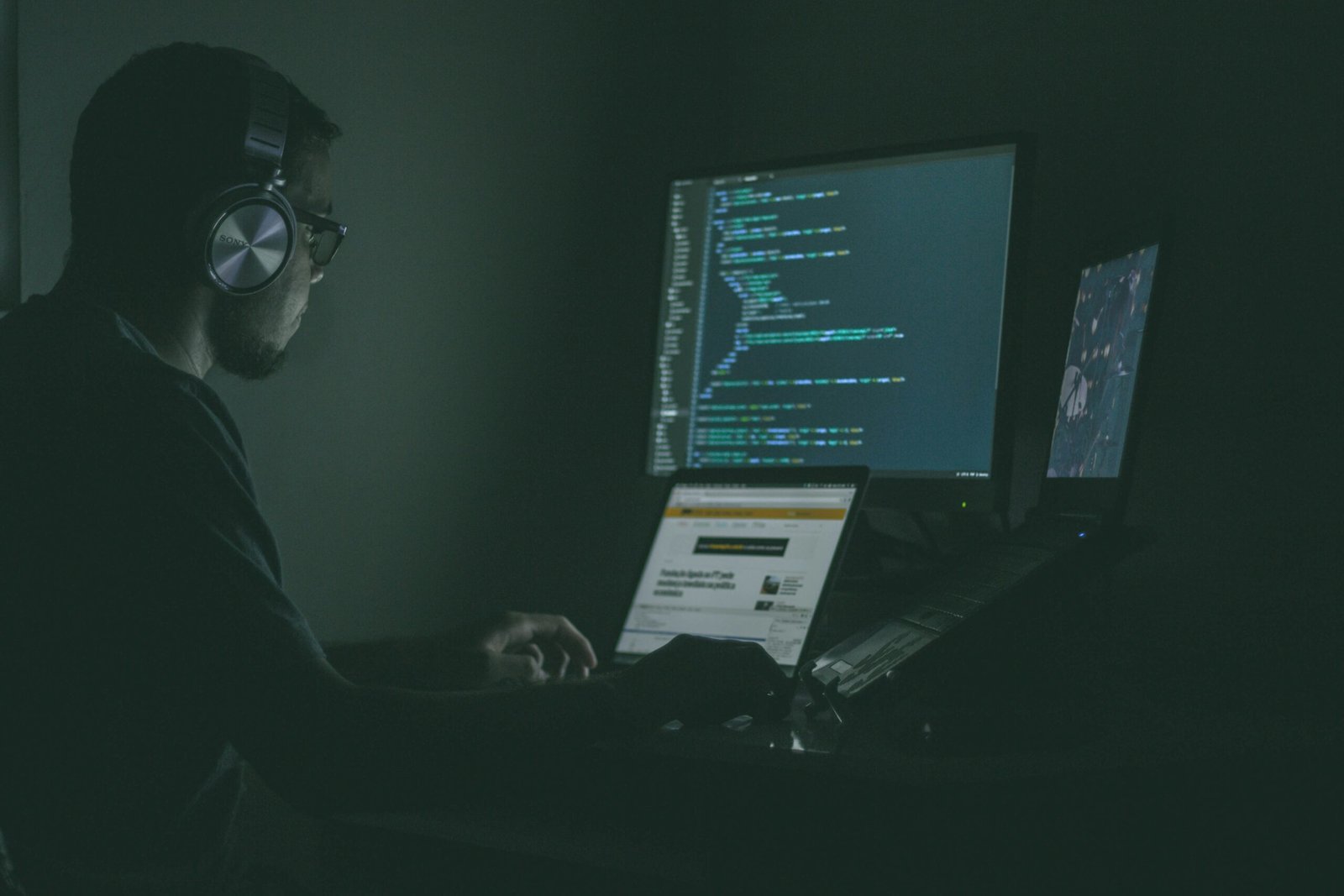 Developer working on a laptop while reviewing website code and technical issues